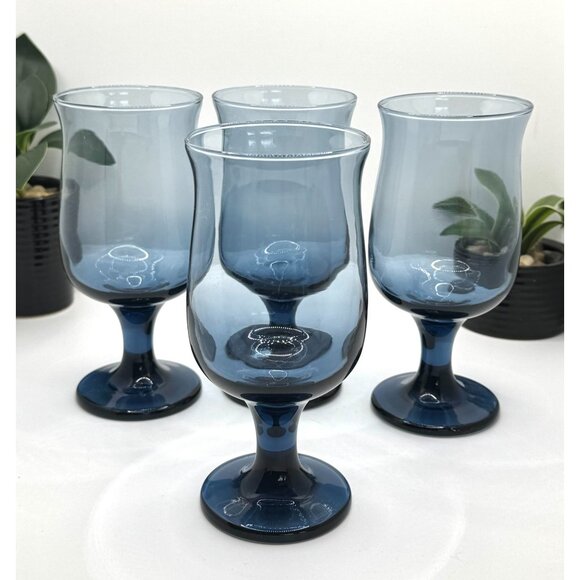 Vintage Set of 4 Libbey Dusky Blue Water Glasses Stemware Goblets Tulip Shaped - Picture 10 of 12